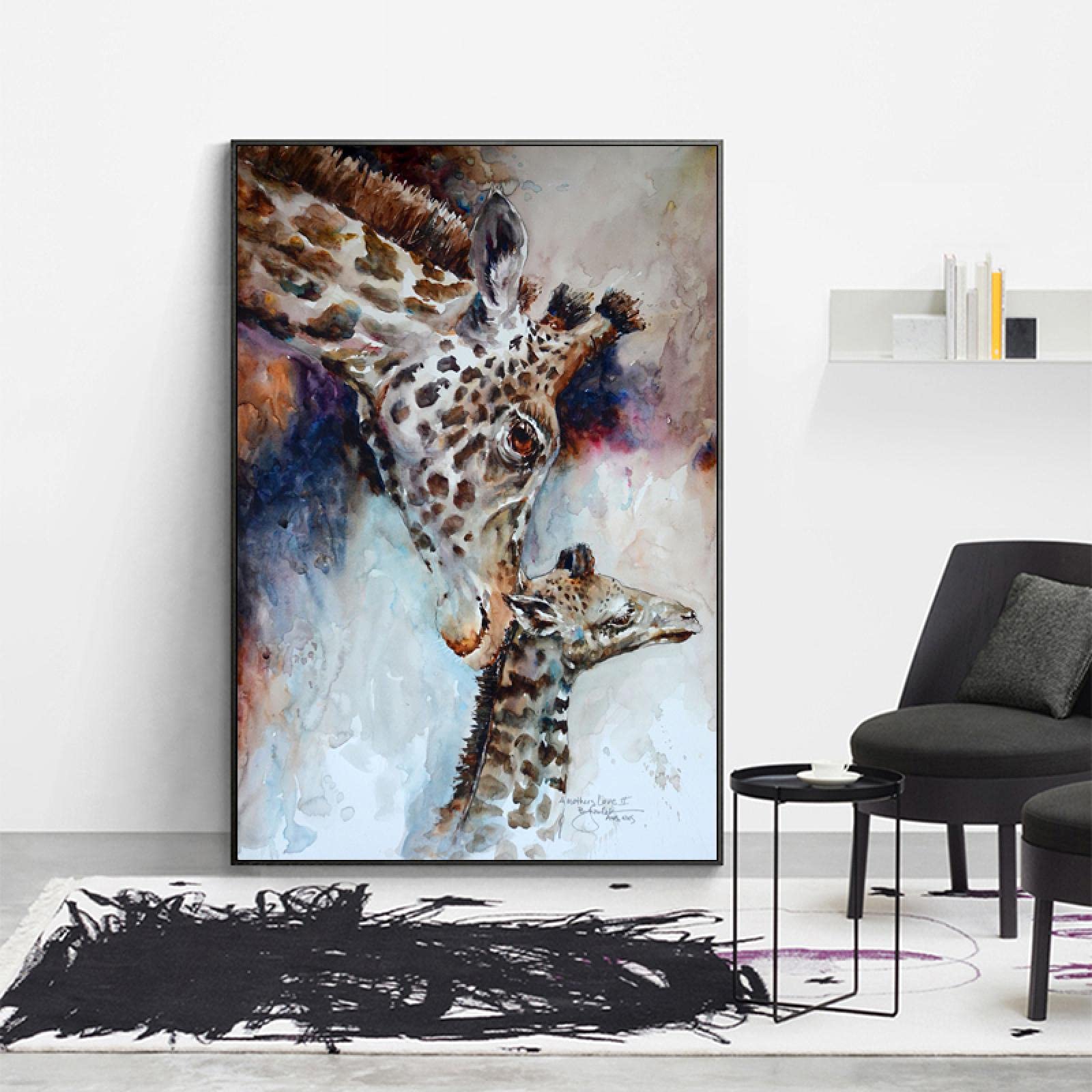 Amazon.co.jp: キャンバス絵画壁アート現代水彩動物キリン月と息子の